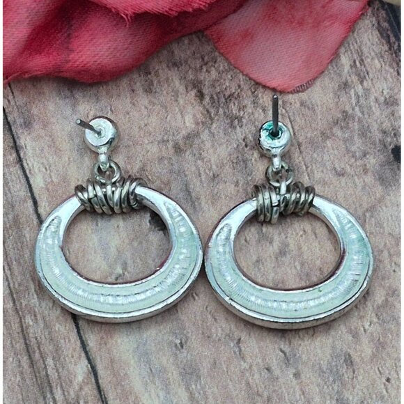 Lot of 3 Silver Tone Pierced Dangle Drop Earrings Hoops Swirl Navy Blue Centers - Picture 3 of 10